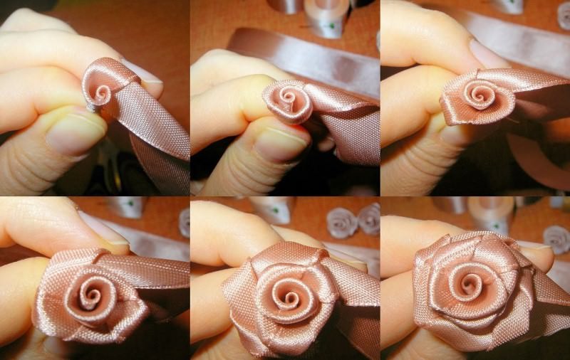 Цветы из атласных лент, для этого полотно шириной 2,5 см разрезают на небольшие отрезки, угол отрезков складывают в виде треугольника и закручивают, повторяют процесс несколько раз, так выходит роза