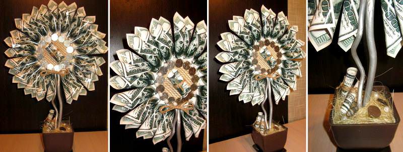 Денежный топиарий обойдется не дороже, чем деревце из бумажных цветов. Ведь никто не говорит об использовании настоящих денег
